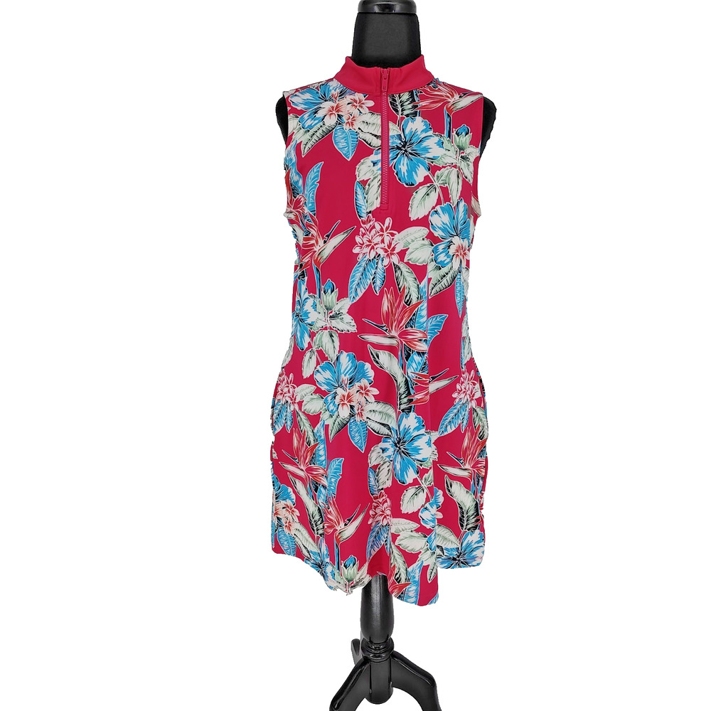 Tommy Bahama Woman's Pink Floral Front 1/4 Zip Golf Dress Size L Stretch Pockets